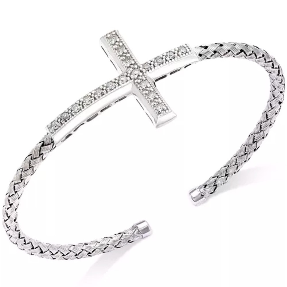 Diamond Cross Braided Cuff Bracelet in Sterling Silver ( .18-.20 ct. t.w.)
